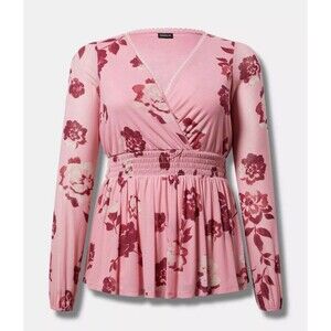 Torrid Floral Mesh Babydoll Top Size 2 18/20 Pink Surplice NWT Stretch